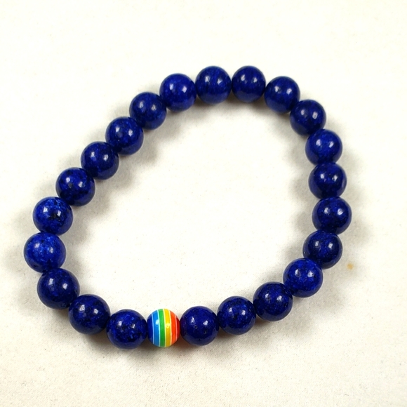 Lapis Lazuli Crystal Gemstone Round Beaded Stretch Bracelet with One Rainbow - Picture 5 of 5